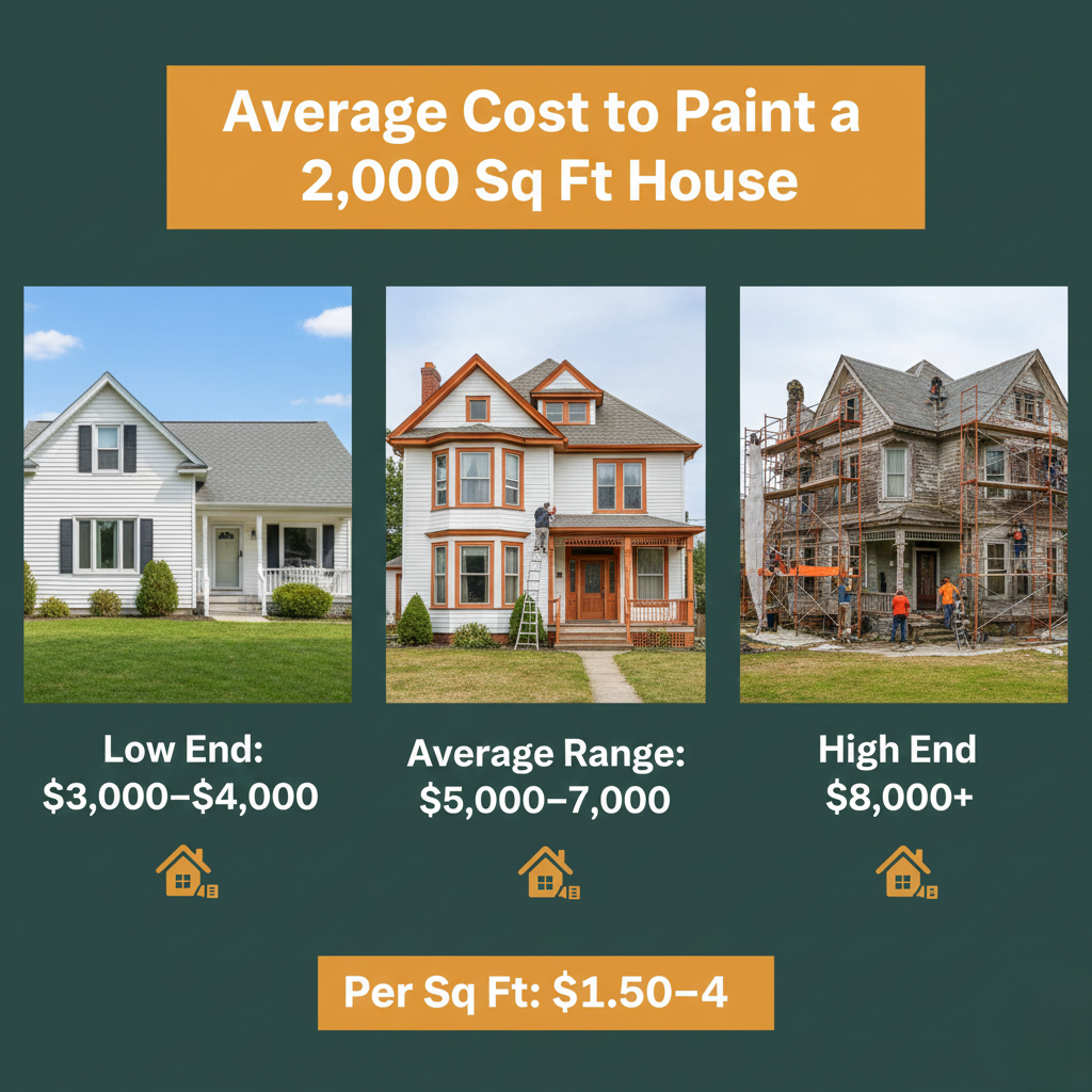An infographic showing three price tiers for exterior painting: Low End ($3,000–$4,000), Average Range ($5,000–$7,000), and High End ($8,000+), with a "Per Sq Ft" rate of $1.50–$4.