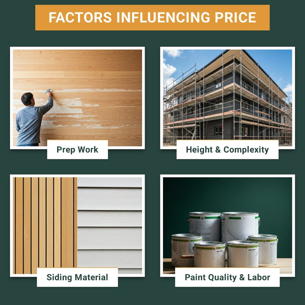 A four-panel infographic titled "FACTORS INFLUENCING PRICE" showing examples of surface prep work, house height and complexity with scaffolding, various siding materials, and high-quality paint cans.