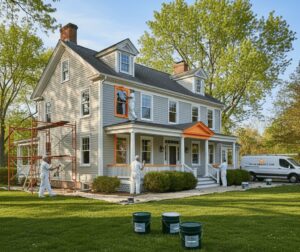 A team of professional painters in white uniforms painting a large, two-story grey colonial house with orange trim details, featuring green paint buckets in the foreground and a company van in the driveway.