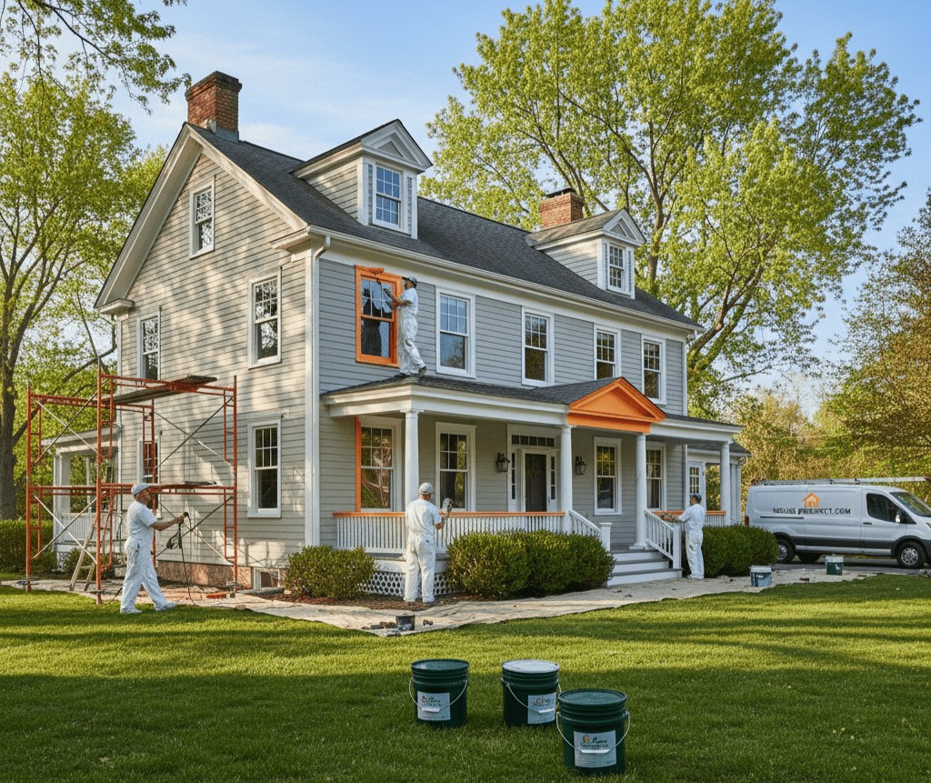 A team of professional painters in white uniforms painting a large, two-story grey colonial house with orange trim details, featuring green paint buckets in the foreground and a company van in the driveway.