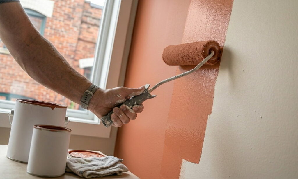 A person paints an interior wall orange using a roller near a window.