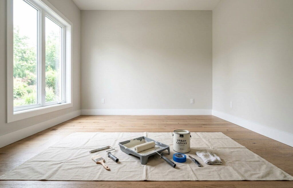 A brightly lit, empty room with painting setup including a drop cloth, paint can, brushes, and roller by large windows.