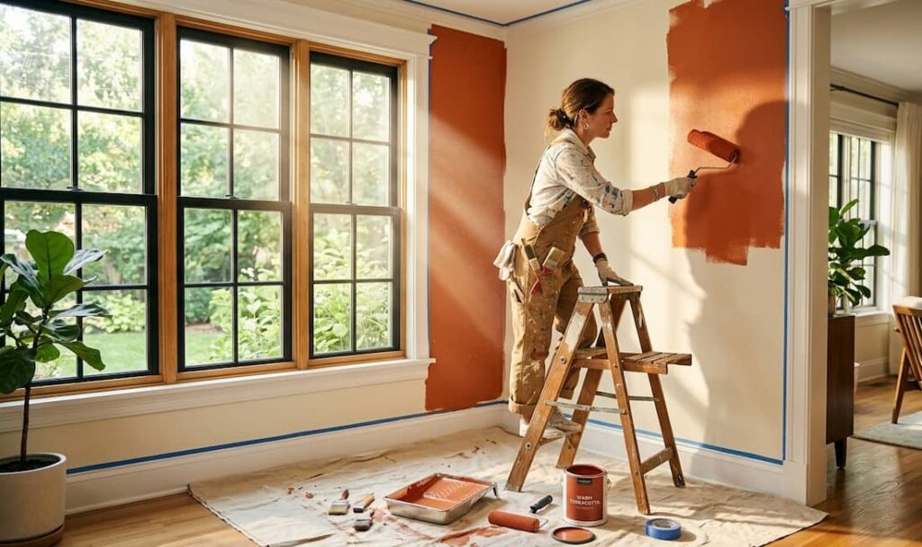 A person paints a living room wall orange, standing on a stepladder.