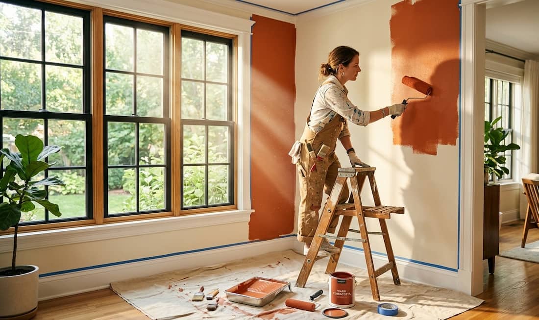 A person paints a living room wall orange, standing on a stepladder.