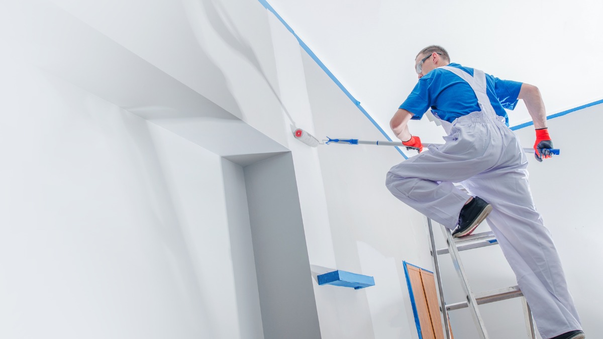 Professional painter standing on a stepladder