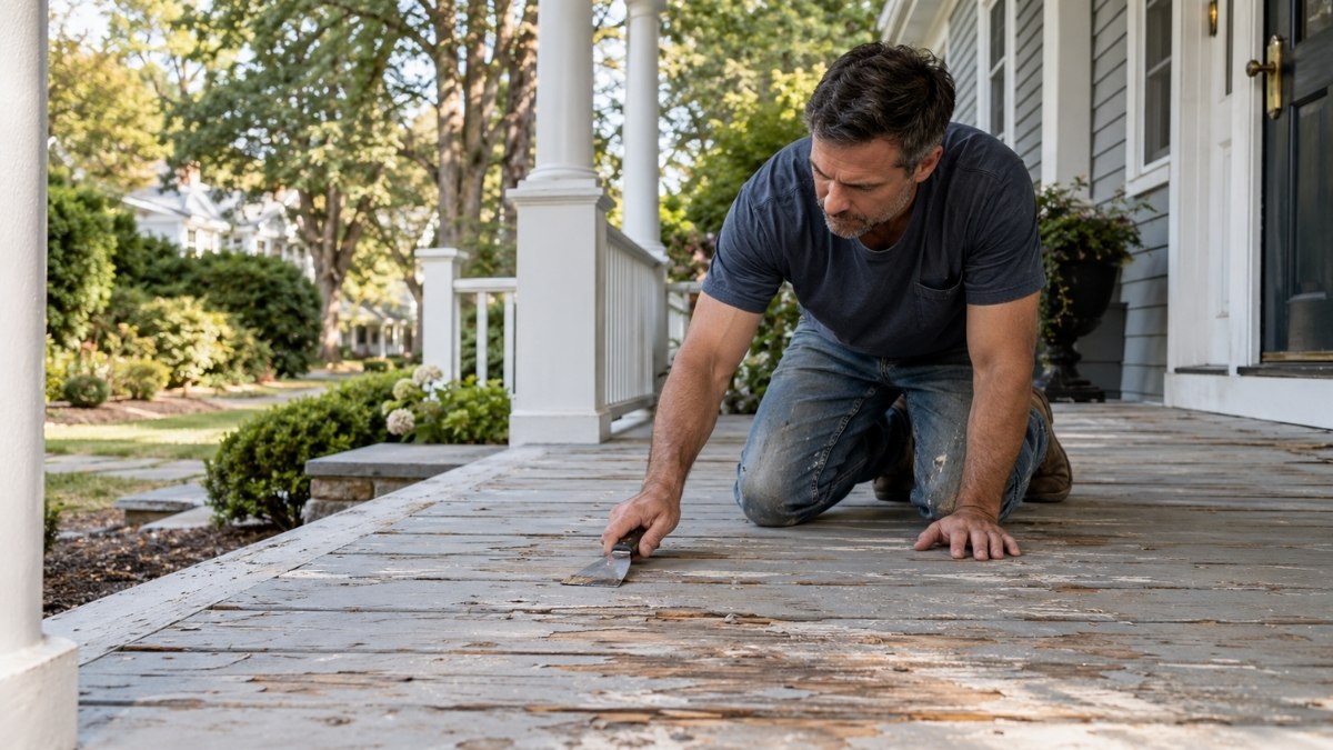 homeowner inspecting an older painted wood porch