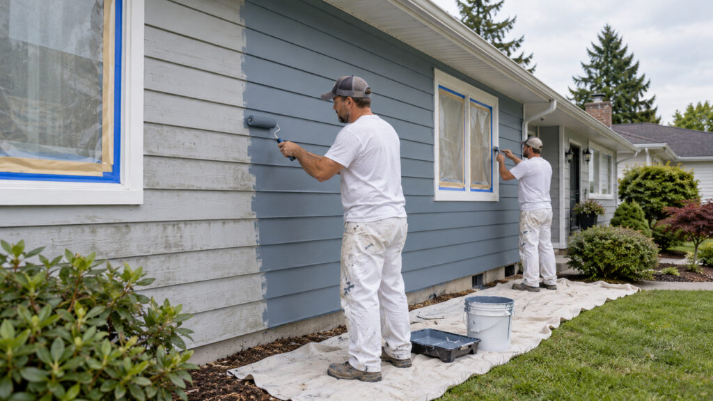 Two men applying blue paint to aluminum siding on a house, showcasing a home improvement project in progress.